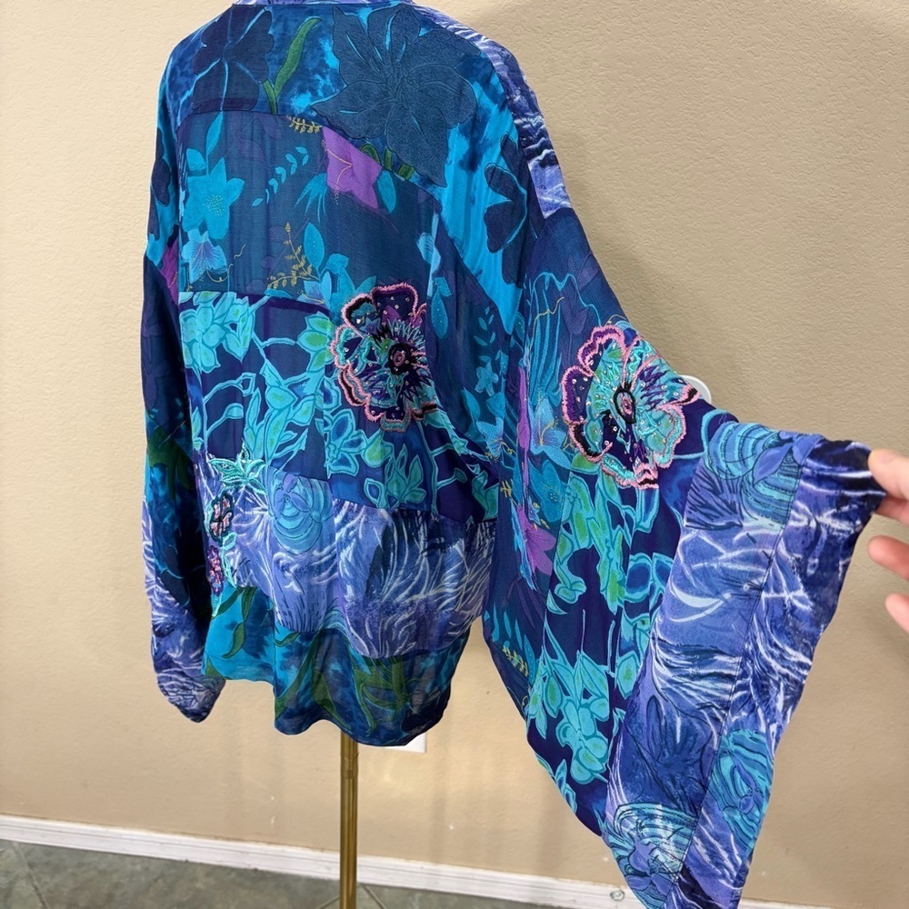 Half Moon Bay Womens Blue Floral Beaded Embroidered Open Kimono Sz L Boho Hippie - Picture 6 of 13